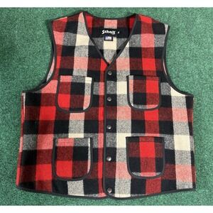 SCHOTT NYC‎ Wool Mackinaw Vest Plaid Red Black White Mens XL Made USA Pockets